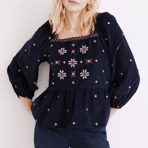Madewell Corduroy Button-Back Peplum Floral Embroidered Navy grandma Top 1x
